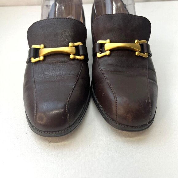Solos Brown Leather Slip on Ladies Loafers Gold Buckle Size 8.5N - Picture 2 of 9